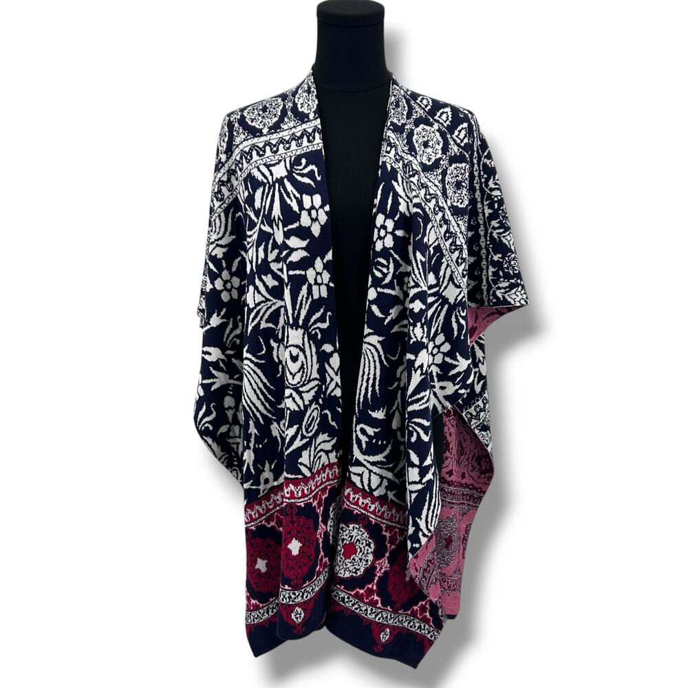 Chicos Silk Cotton Ruana Wrap OS Navy Red Floral Boho Poncho Cape Jacquard - Picture 3 of 11